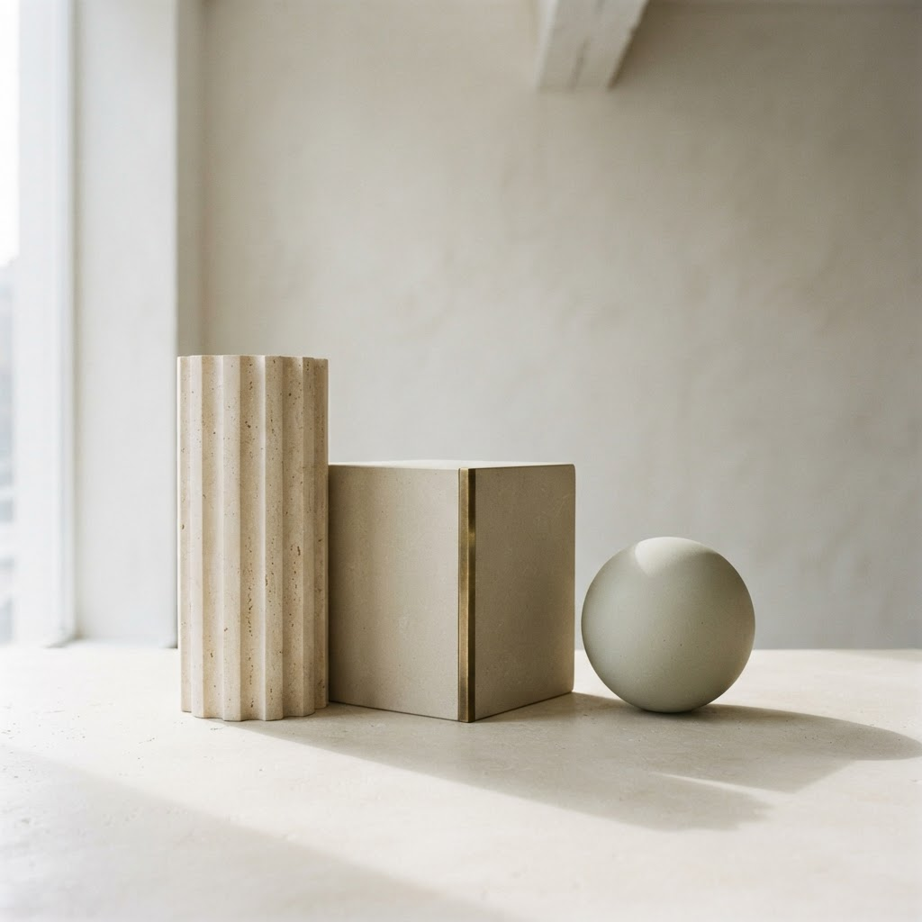 A calm still life evoking medical aesthetics and longevity: eucalyptus, travertine, and warm brass tones.